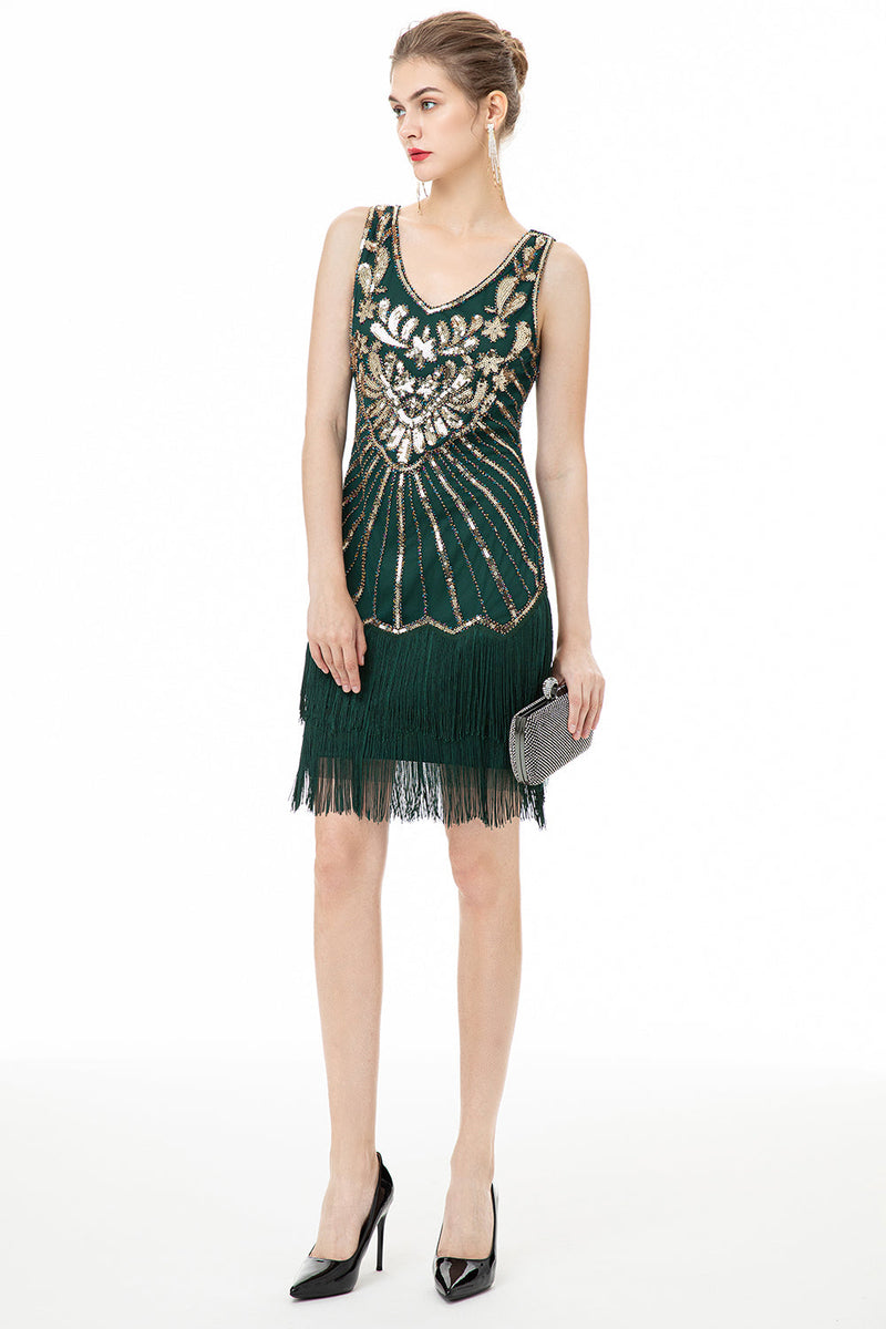 Load image into Gallery viewer, Green Sequin Fringes 1920s Dress