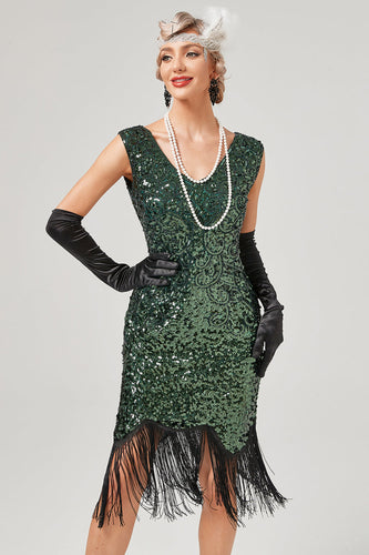Dark Green Sequined V-Neck Gatsby Dress With Fringes