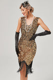 Dark Green Sequined V-Neck Gatsby Dress With Fringes