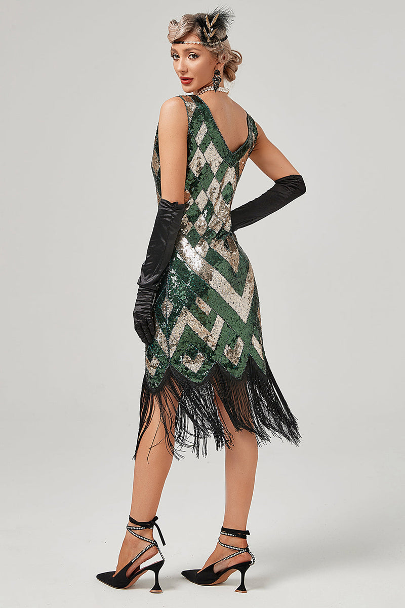 Load image into Gallery viewer, Green Scoop Neck Sleeveless Flapper Dress With Fringes