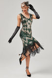 Green Scoop Neck Sleeveless Flapper Dress With Fringes