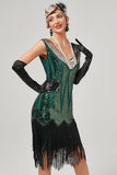 Black Green V-Neck Flapper Dress With Fringes