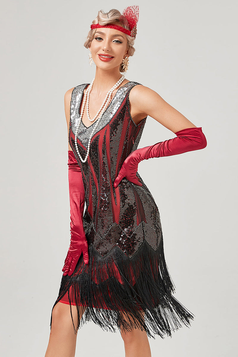 Load image into Gallery viewer, Black Green V-Neck Flapper Dress With Fringes