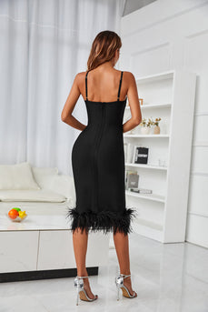 Black Bodycon Midi Dress with Feathers