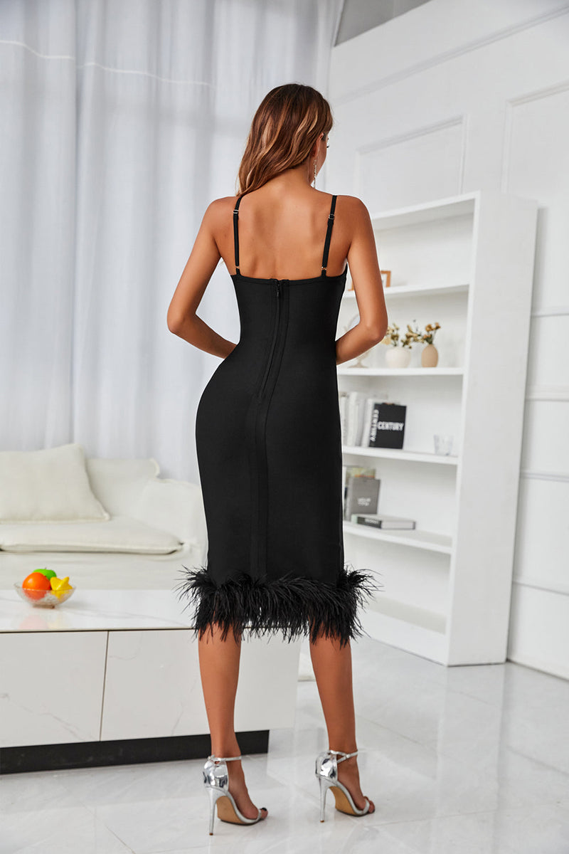 Load image into Gallery viewer, Black Bodycon Midi Dress with Feathers