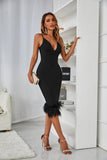 Black Bodycon Midi Dress with Feathers