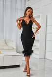 Black Bodycon Midi Dress with Feathers