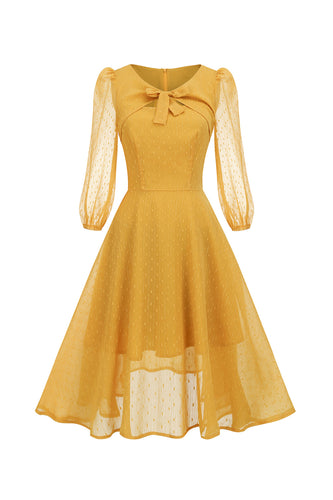 Fake Two Piece Openwork Bow Puff Sleeve Vintage Dress