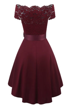 A Line Off the Shoulder Burgundy Lace Dress with Bowknot