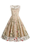Light Khaki Embroidery Vintage 1950s Dress