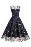 Jewel Neck Light Khaki Vintage Dress with Embroidery
