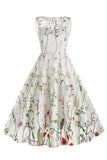 Jewel Neck Light Khaki Vintage Dress with Embroidery