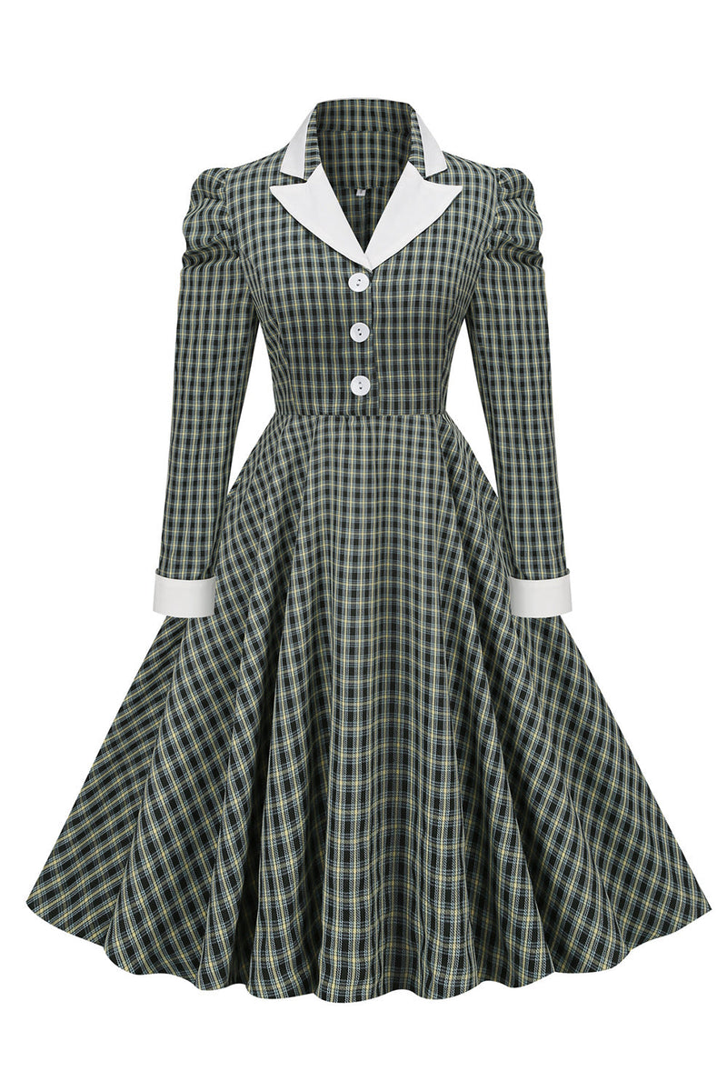 Load image into Gallery viewer, Vintage British Style Slim Fit Lapel Green Grid 1950s Dress