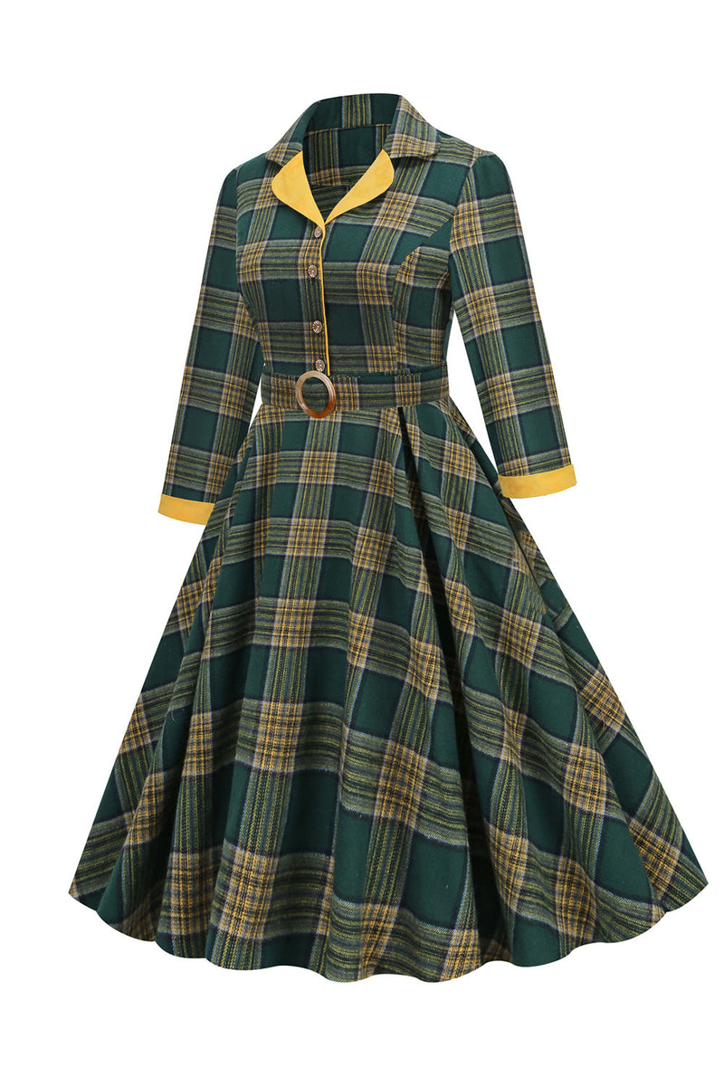 Load image into Gallery viewer, V Neck Green Grid Vintage Dress with 3/4 Sleeves