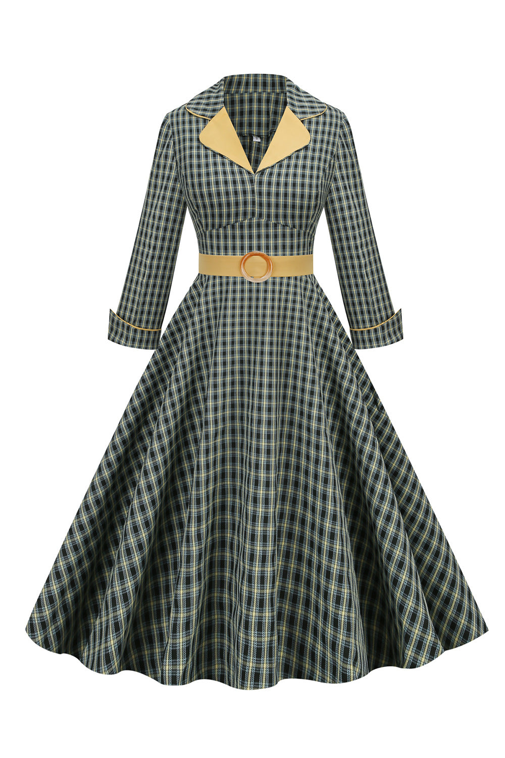 A Line V Neck Green Grid 1950s Dress with 3/4 Sleeves