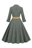 A Line V Neck Green Grid 1950s Dress with 3/4 Sleeves