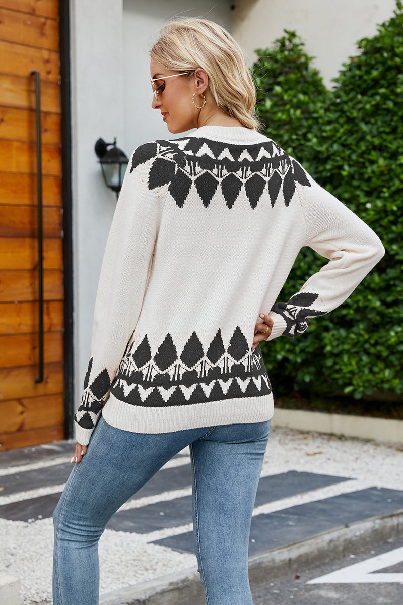 Load image into Gallery viewer, Crew Neck Vintage Jacquard Long Sleeve Pullover Sweater