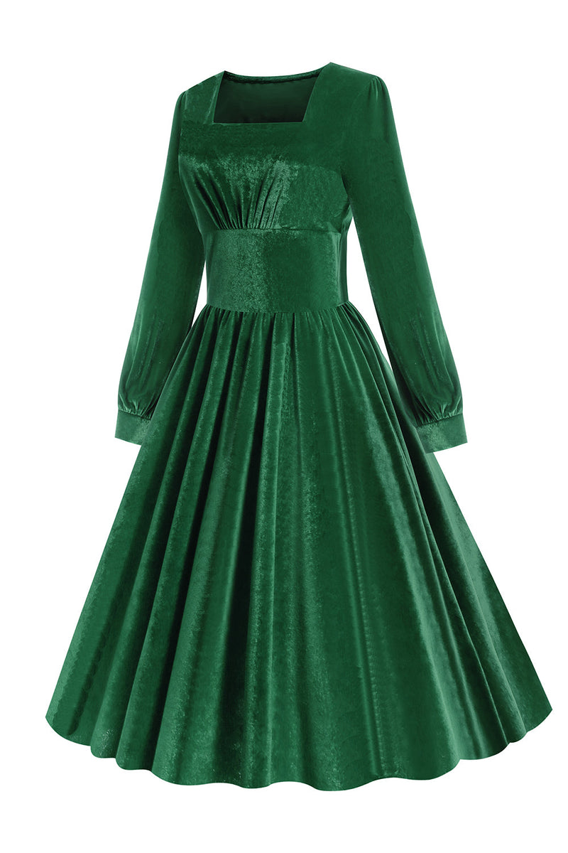 Load image into Gallery viewer, Green A-line Velvet Vintage Dress