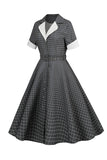 Grey Plaid Lapel Neck Vintage Dress