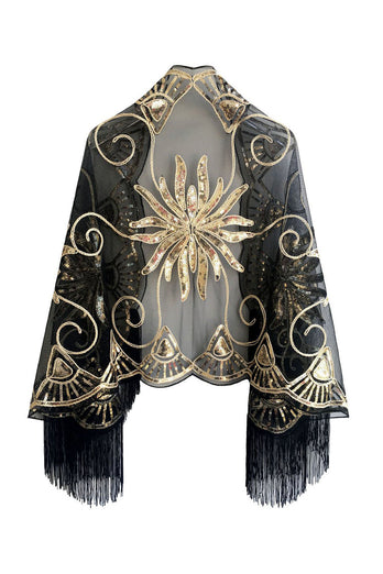 Black Golden Sequined 1920s Cape With Fringes