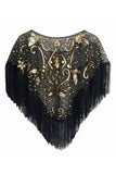 Sequined Black Golden 1920s Cape With Fringes