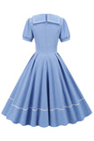 Retro Style Blue 1950s Dress with Short Sleeves