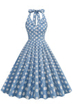 Hepburn Style Polka Dots Blue 1950s Dress