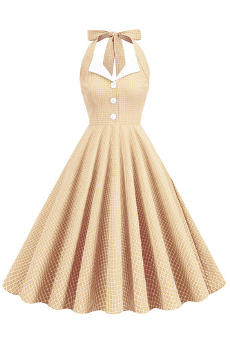Retro Style Halter Neck Yellow 1950s Dress with Button