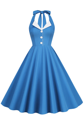 Hepburn Style Halter Neck Blue 1950s Dress