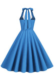 Hepburn Style Halter Neck Blue 1950s Dress