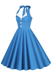 Hepburn Style Halter Neck Blue 1950s Dress