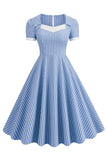 Blue Striped Vintage Dress with Short Sleeves