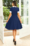 Hepburn Style Jewel Neck Navy 1950s Dress with Bowknot