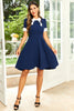 Load image into Gallery viewer, Hepburn Style Jewel Neck Navy 1950s Dress with Bowknot