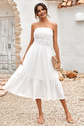 White Tea Length Strapless Graduation Dress