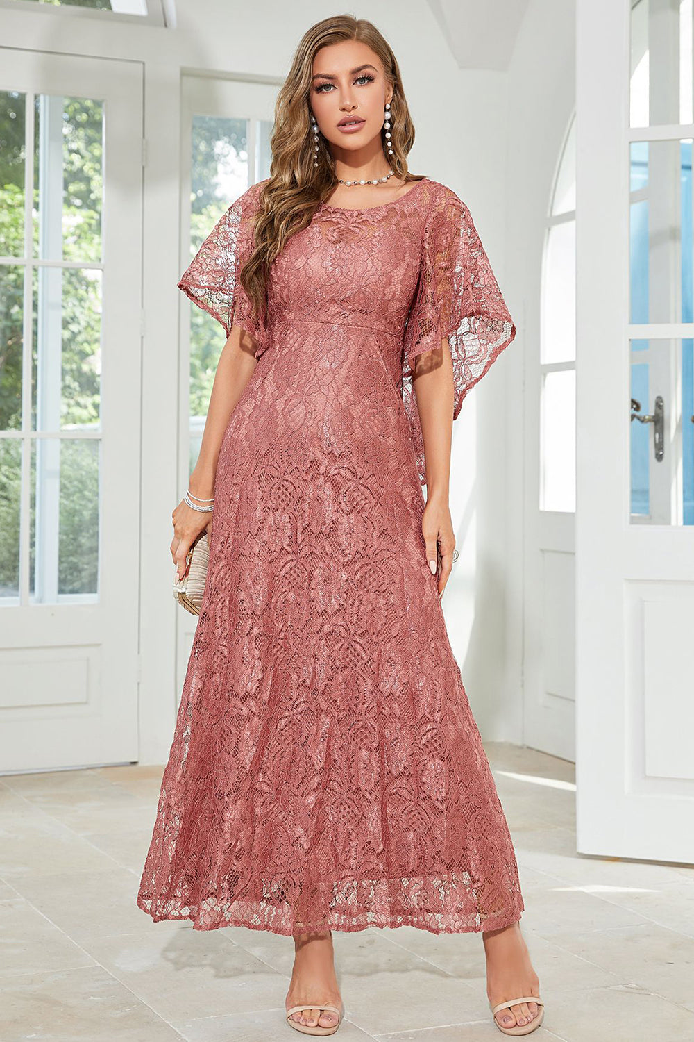 Black Batwing Sleeves Lace Wedding Guest Dress