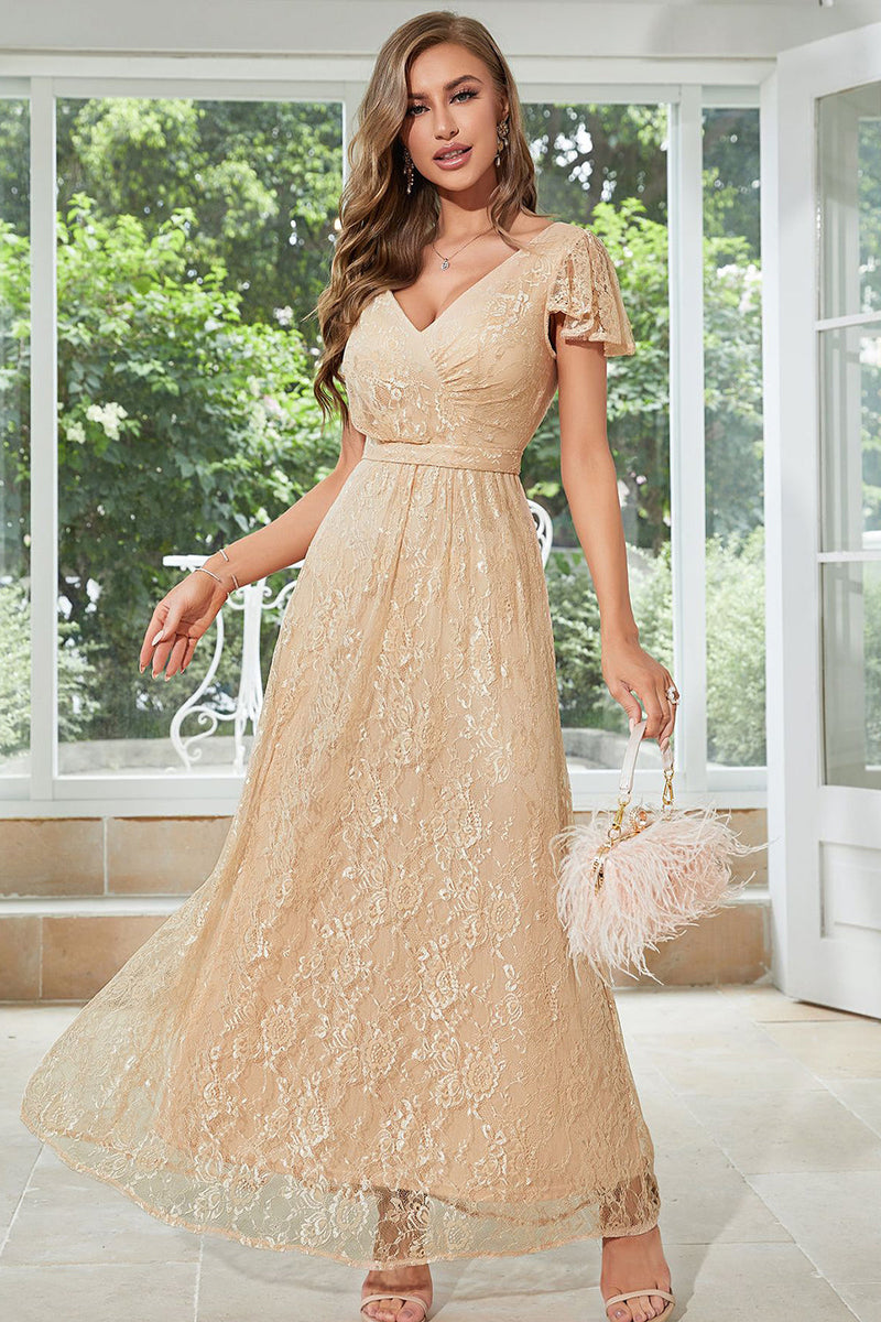 Load image into Gallery viewer, Light Khaki Long Lace Wedding Guest Dress