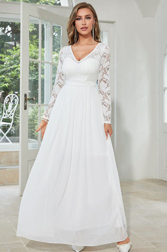 White Chiffon Long Wedding Guest Dress with Lace