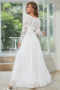 White Chiffon Long Wedding Guest Dress with Lace