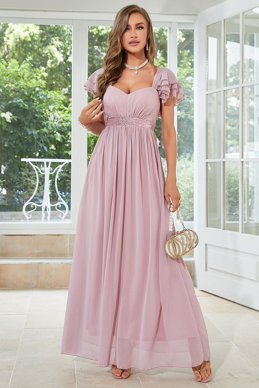 Chiffon Pink Wedding Party Dress with Ruffles