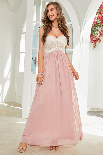 Pink Strapless Chiffon Wedding Party Dress with Lace