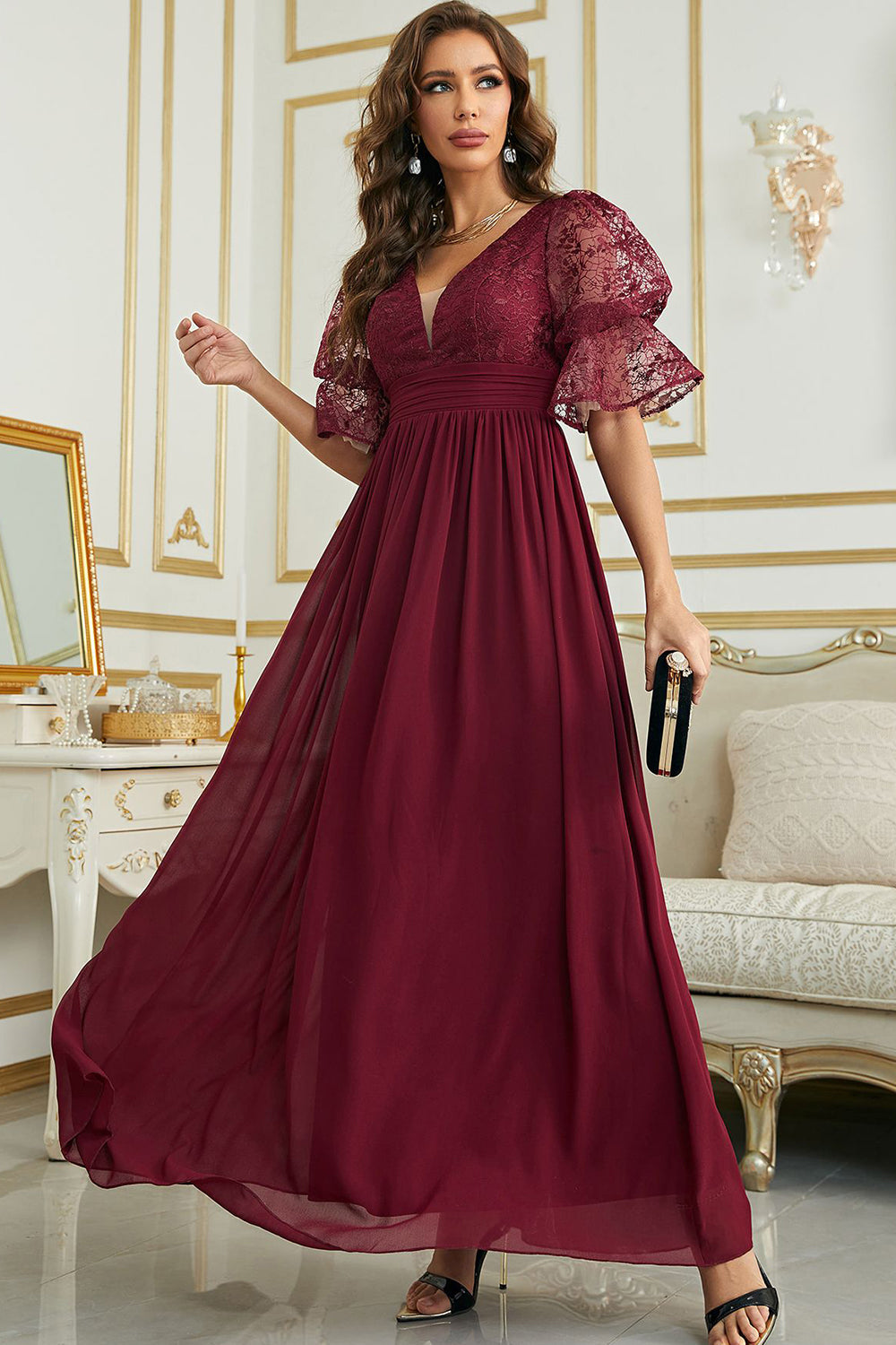 ZAPAKA Women Wedding Party Dress Burgundy Chiffon Bridesmaid Dress with Lace Zapaka CA