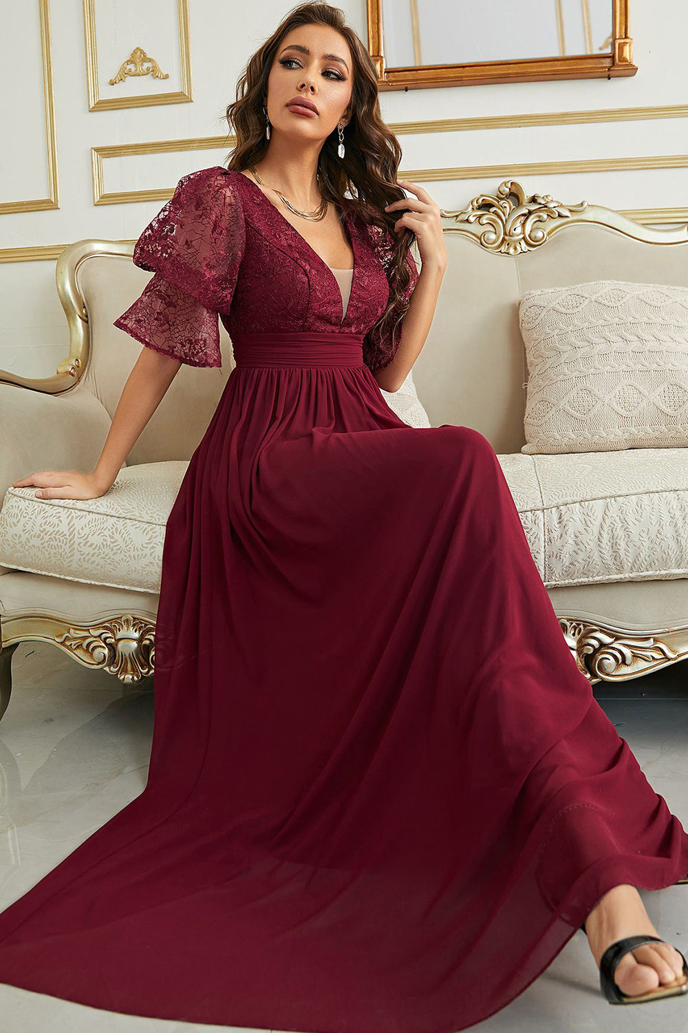 Burgundy lace dress bridesmaid clearance
