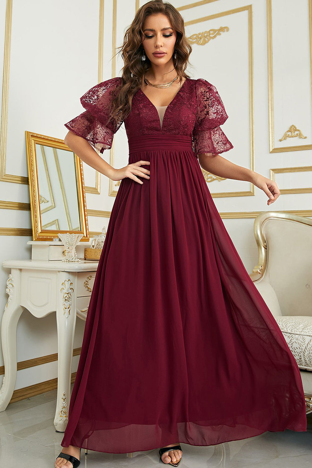 ZAPAKA Women Wedding Party Dress Burgundy Chiffon Bridesmaid Dress with Lace Zapaka CA
