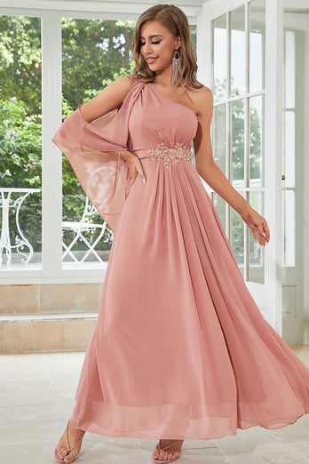 One Shoulder Pink Chiffon Wedding Party Dress