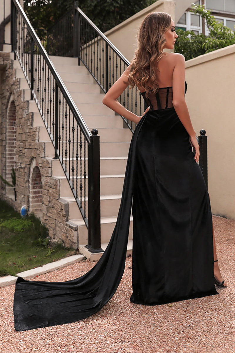 Load image into Gallery viewer, Black Strapless Corset Prom Dress with Slit