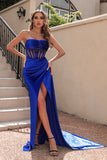 Black Strapless Corset Prom Dress with Slit