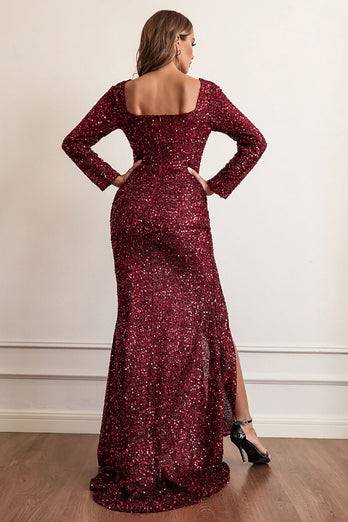 Sequins Burgundy Prom Dress with Long Sleeves
