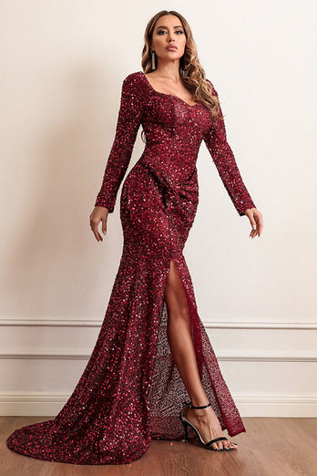 Sequins Burgundy Prom Dress with Long Sleeves