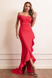 Red Sheath Off The Shoulder Prom Dress With Ruffles